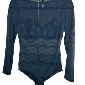 Adore Me Black Mesh Lace Long Sleeve Lingerie Bodysuit L New Flaw